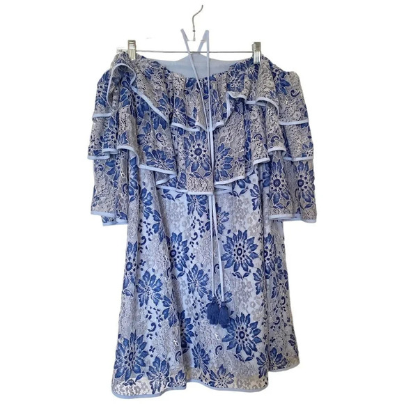 REBECCA MINKOFF Dena Blue Lace Ruffle Shoulder Dress Size Medium - Picture 3 of 8